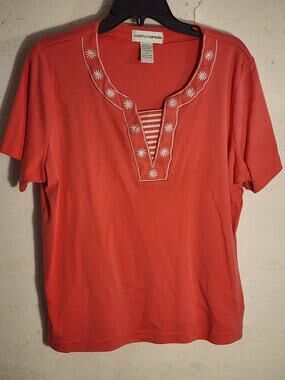 Cathy Daniels Red V Neck Knited Embroidered Top Blouse Womens Short Sleeve XL
